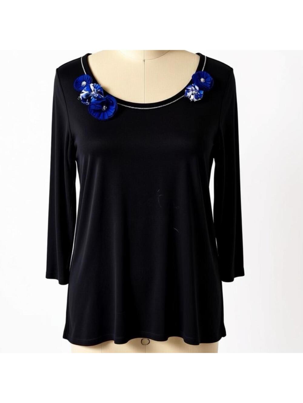 White House Black Market Black Top with Blue Floral Embellishments, Size Large